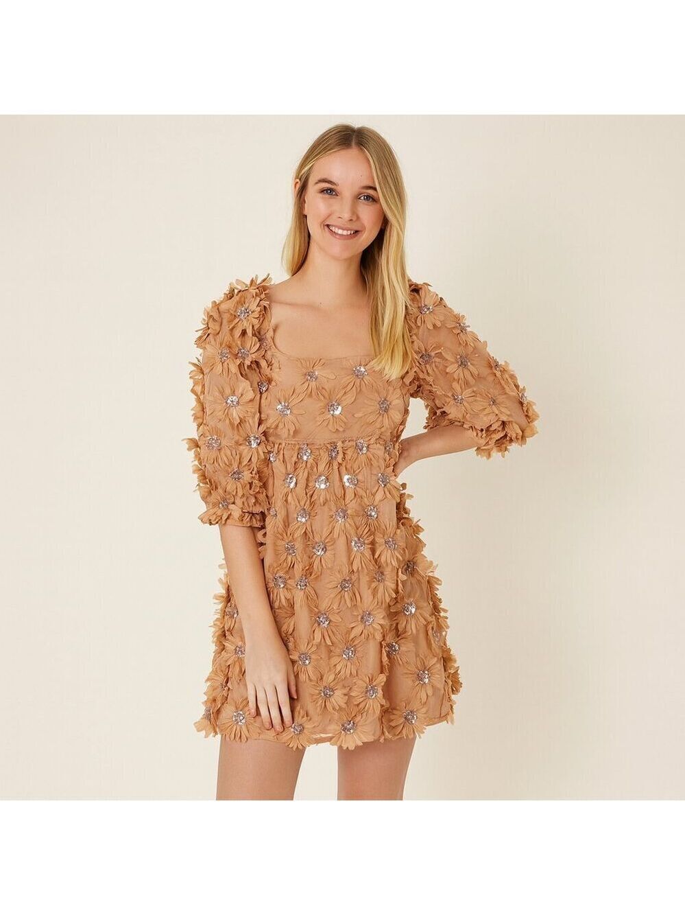 Storia Tan Floral Puff Sleeve Mini Dress